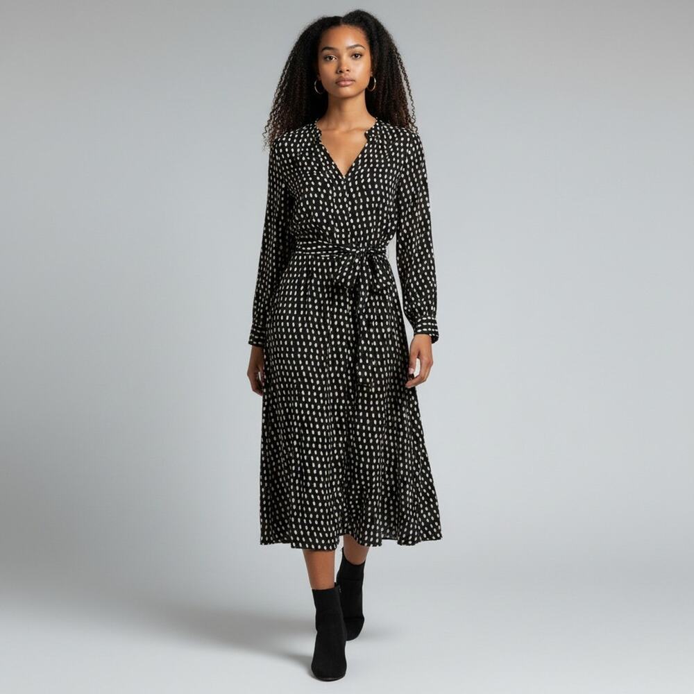 Madewell Black White Lightweight Figure Flattering Polka Dot Belted Midi Dress S - Picture 1 of 11